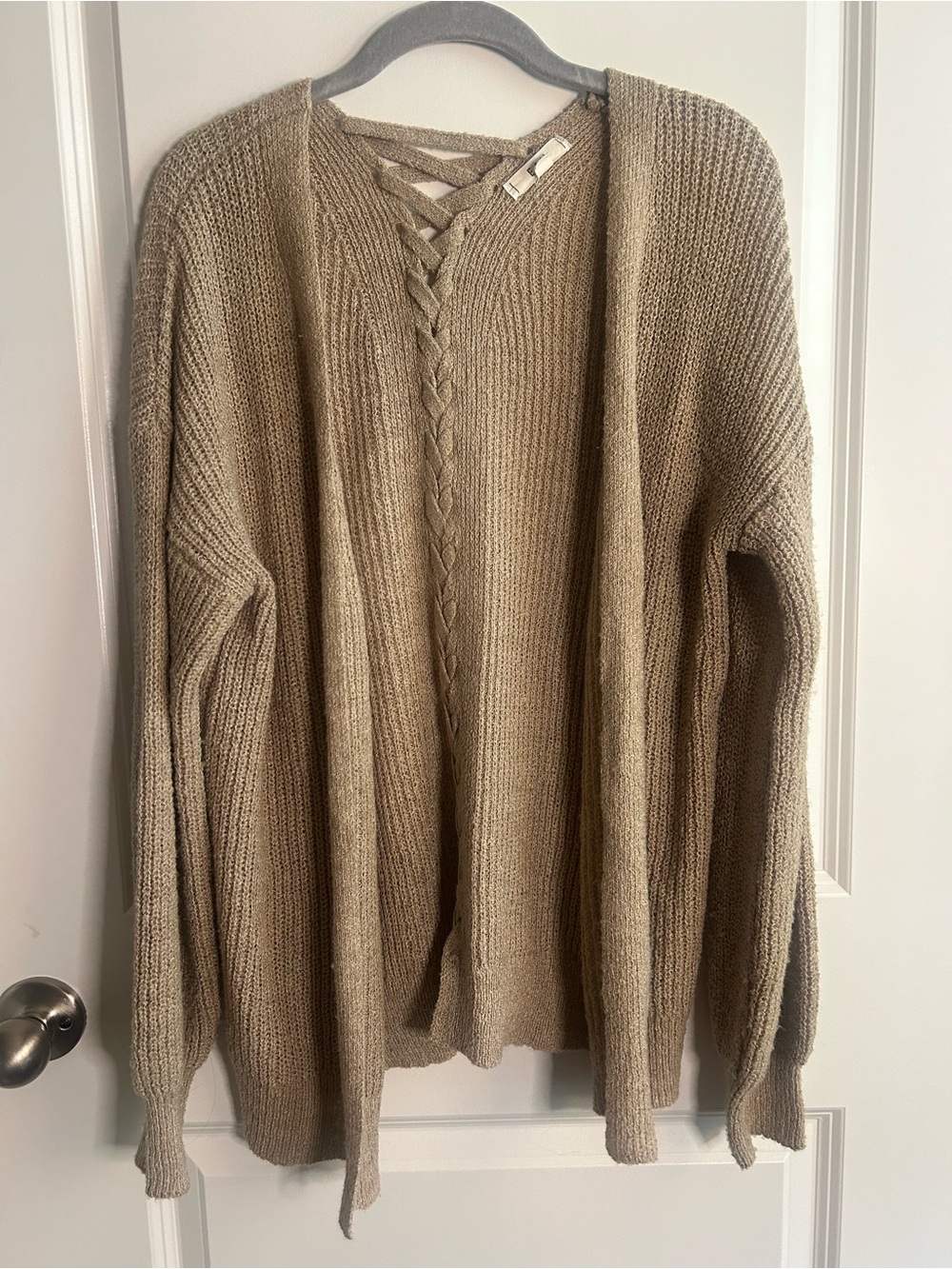 Women's Lace-Up Knit Cardigan Sweater - Beige